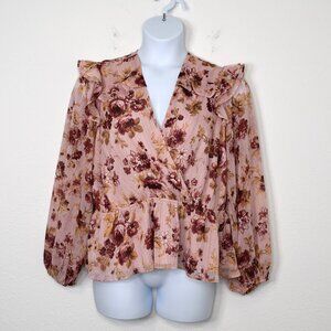 Express Floral Faux Wrap Blouse Sz XL Balloon Sleeve Whimsigoth Cottagecore